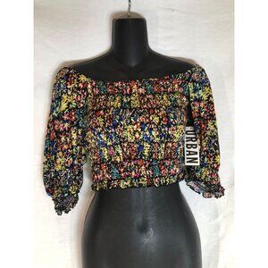 Urban Outfitters NWT Sz M Sara Smocked Cropped Top Black Floral Multi color